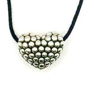 Lagos Caviar Silver Beaded Puffed Heart Pendant w/ Leather Cord RARE